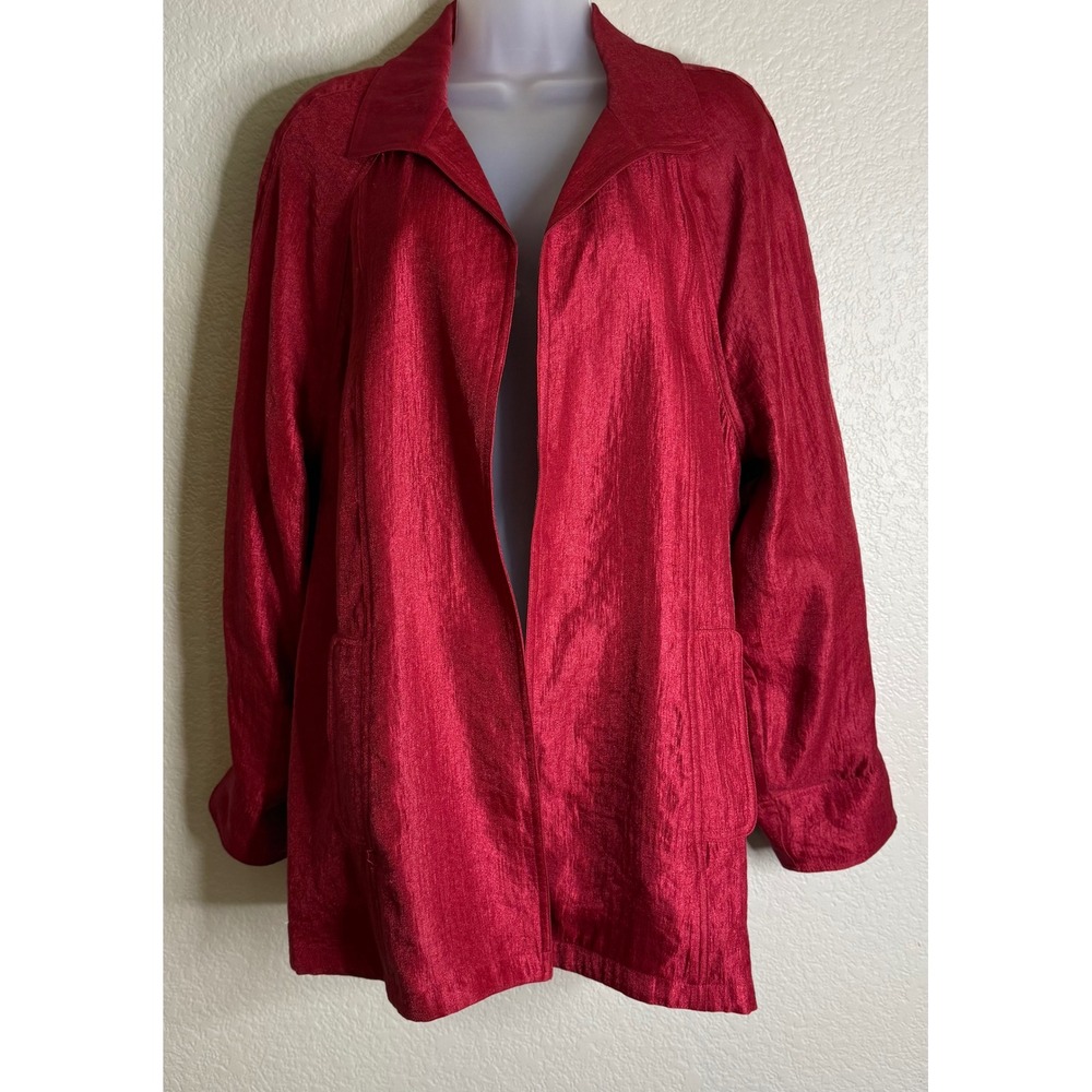 Chicos 3 US XL Jacket‎ Red Open Front Shimmer Textured Long Sleeve Pockets Chic